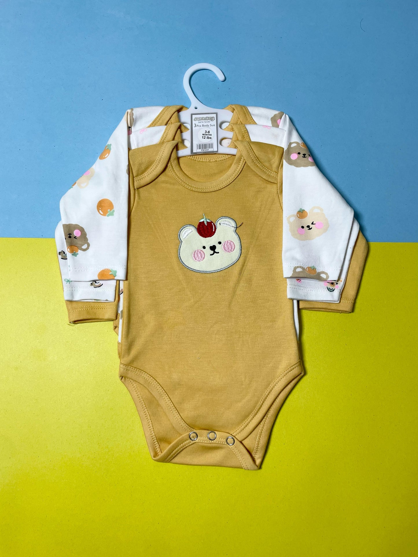 Pack of 3 Long Sleeve Bodysuits - Bear Mustard