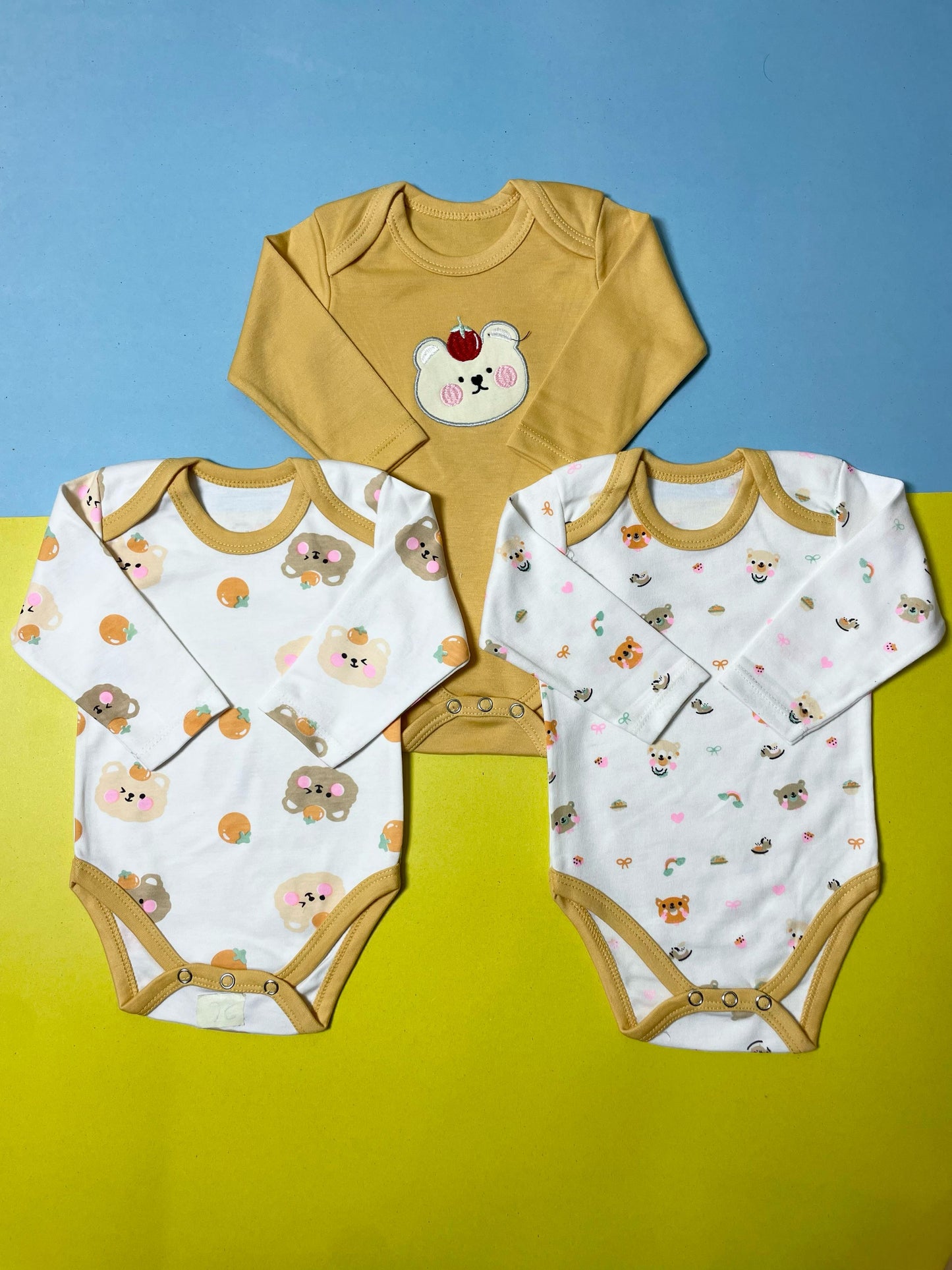 Pack of 3 Long Sleeve Bodysuits - Bear Mustard